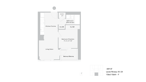 Floor plan for 1 bed, 1 bath, 489 sqft